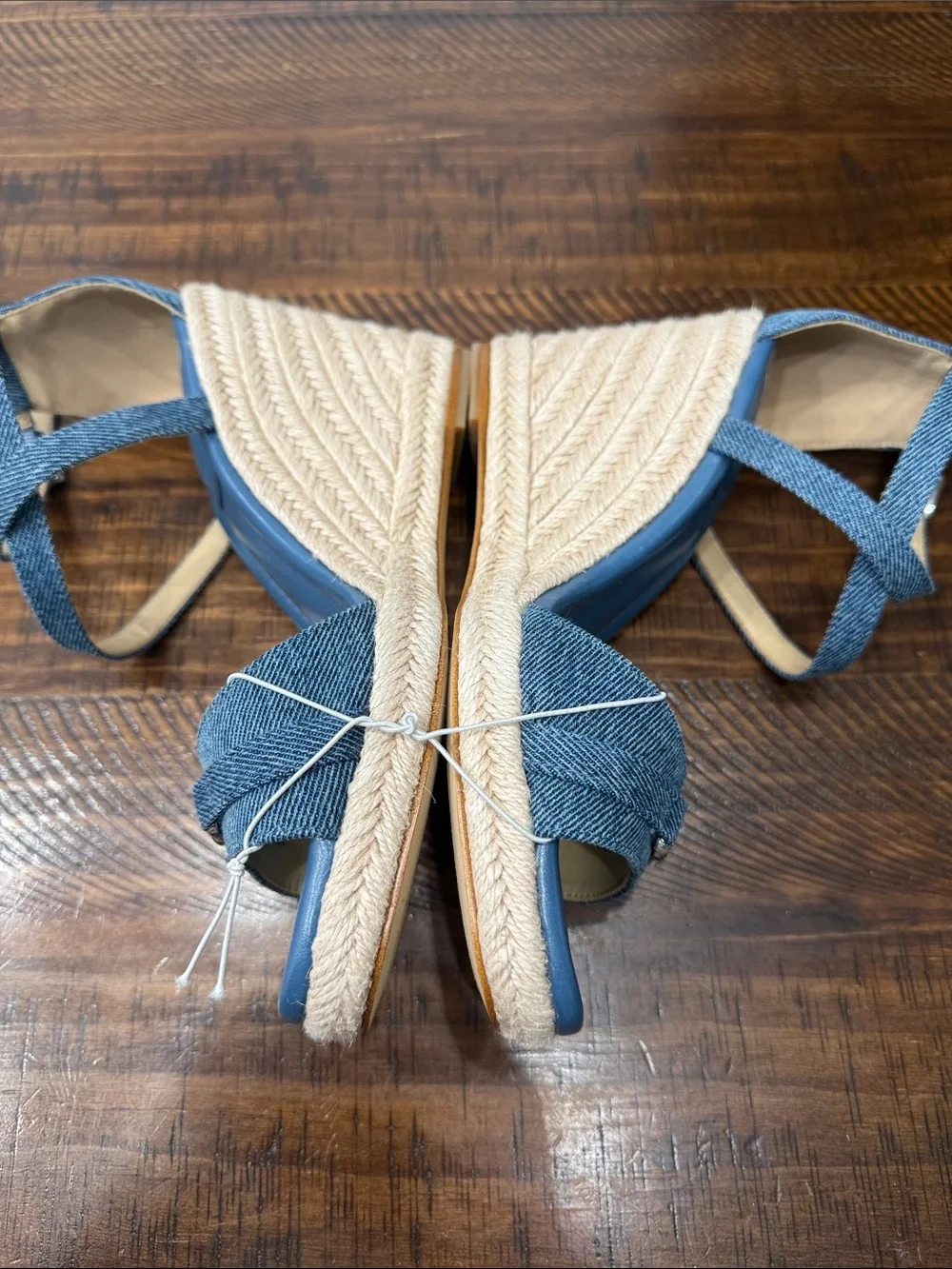 Michael Kors Mandy Denim Blue Espadrille Wedge Sandals with Ankle Wrap